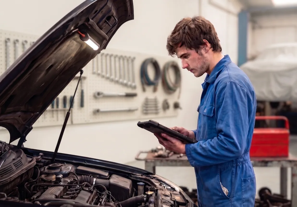 HERO PHOTO · owner on shop floor, bay behind, phone in hand