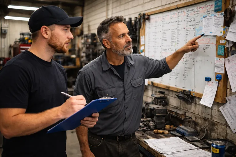 Cluttered whiteboard · marker smudges · paper job cards